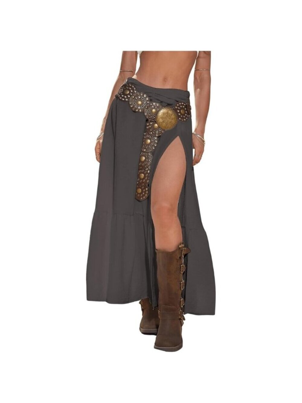 Women's Dark Grey Western Low Rise Maxi Ruffle High Slit Cowgirl Skirts